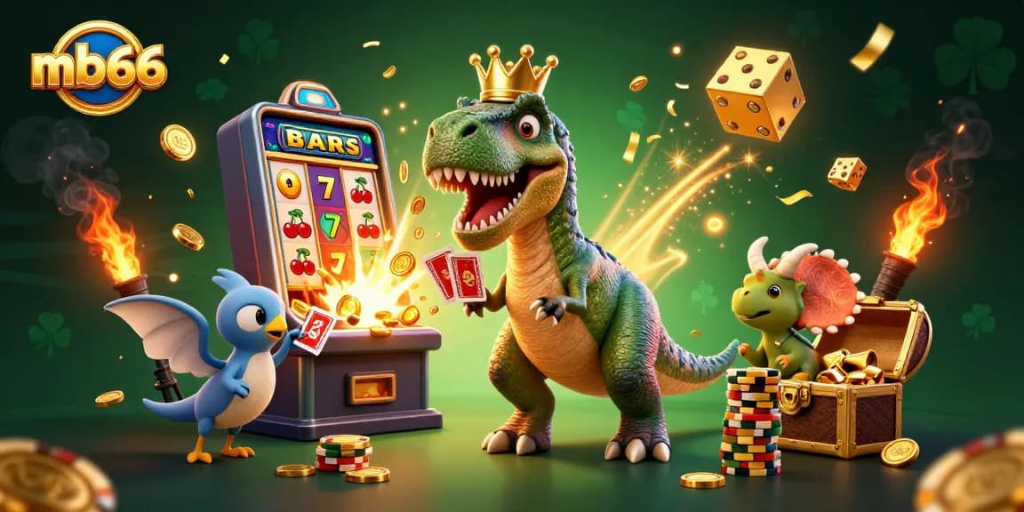 Engage in thrilling gameplay at mb66, featuring playful characters in a vibrant online casino scene.