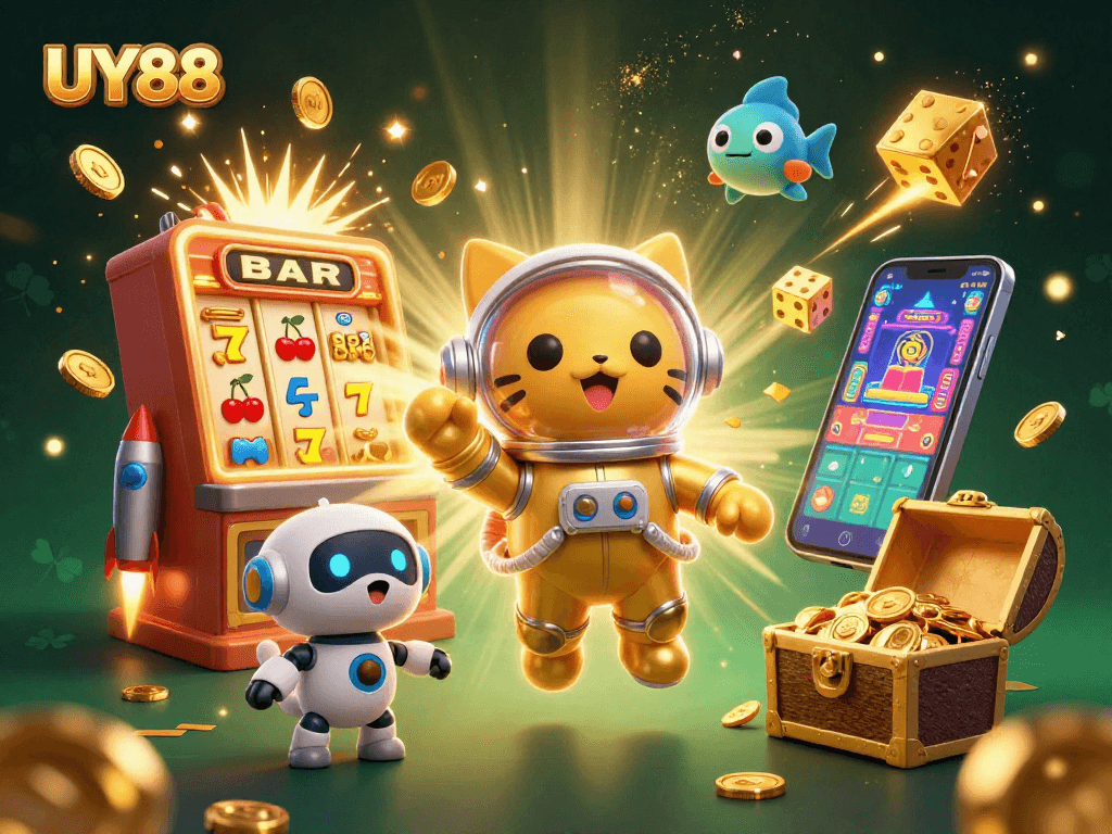Engage with UY88 in a galaxy-themed casino adventure featuring slot jackpots and fun characters.