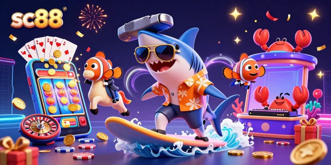 Experience thrilling wins with SC88's dynamic casino environment featuring playful characters and vibrant gaming elements.
