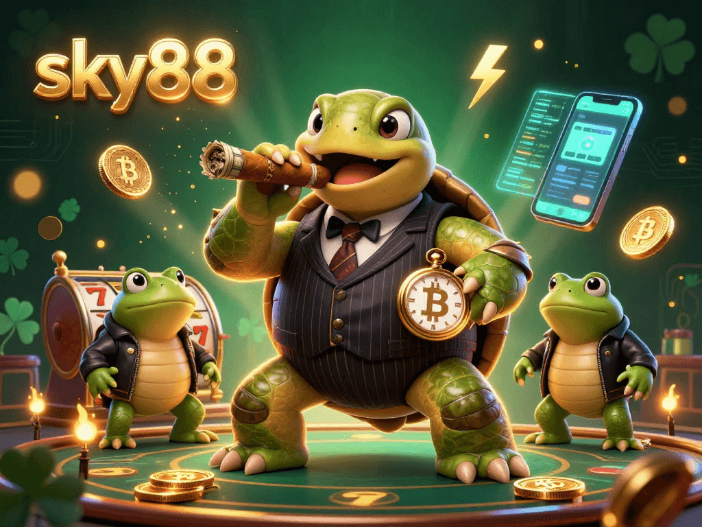 Engage in thrilling gaming adventures at sky88 with a vibrant scene featuring a charming snapping turtle and bullfrog enforcers amidst colorful casino elements.