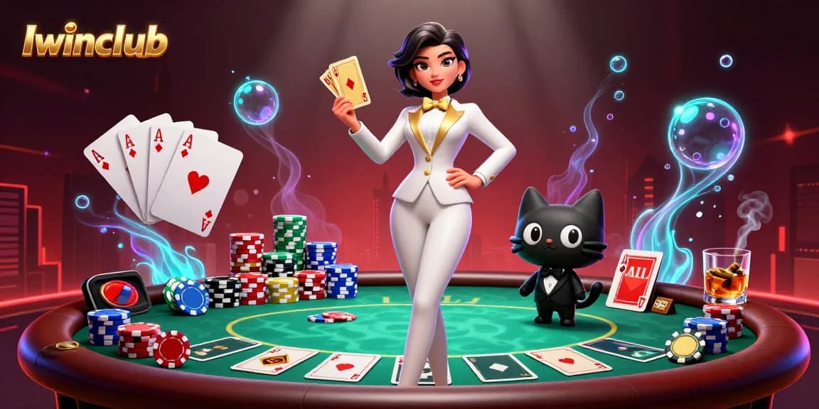 Iwinclub engages players with a glamorous 3D scene featuring a woman shuffling cards and a cat in tuxedo.