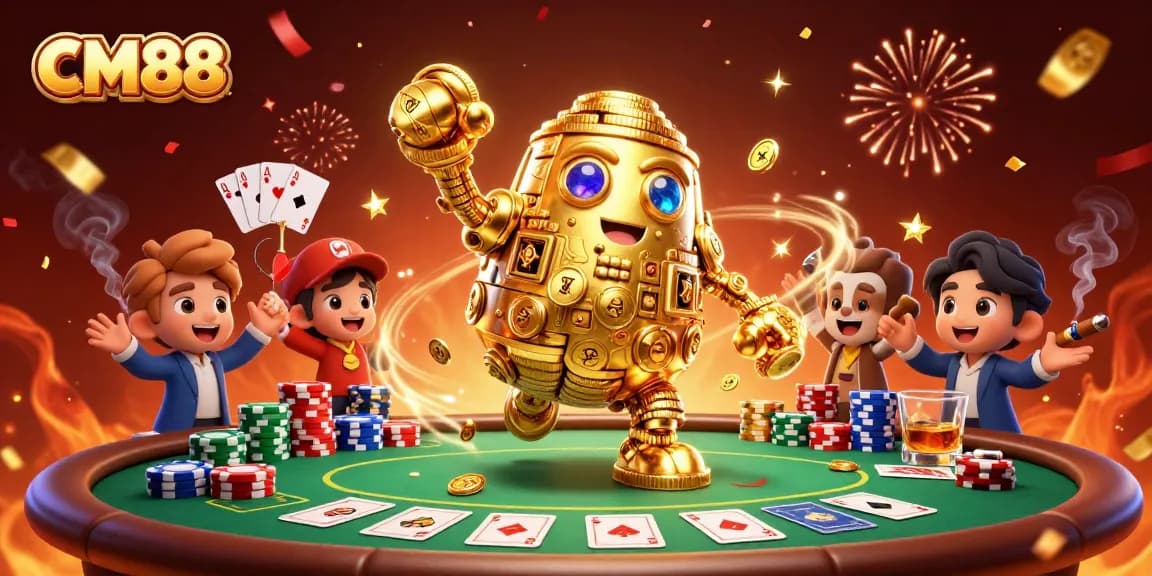 Experience thrilling gameplay at CM88 with the ancient golden golem in a vibrant casino scene.
