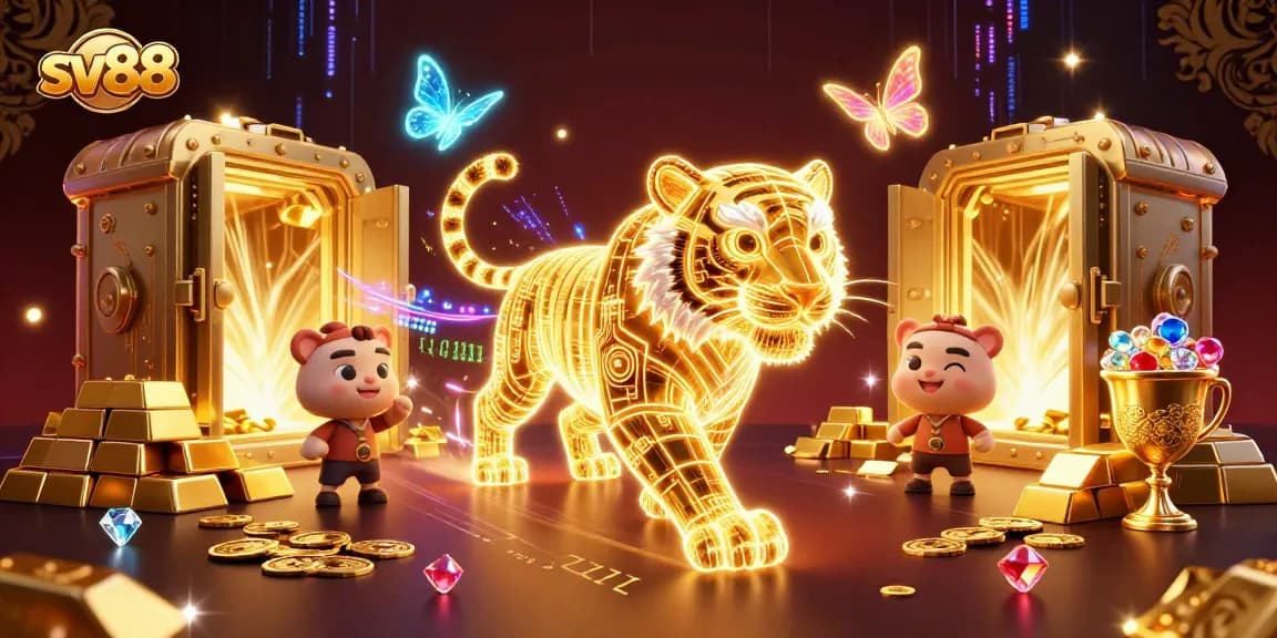 Experience thrilling gameplay at sv88 with a neon tiger in a vibrant casino scene.