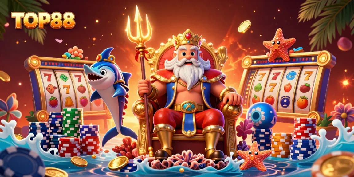 Experience the excitement of TOP88 with a vibrant casino illustration featuring Neptune and gaming elements.