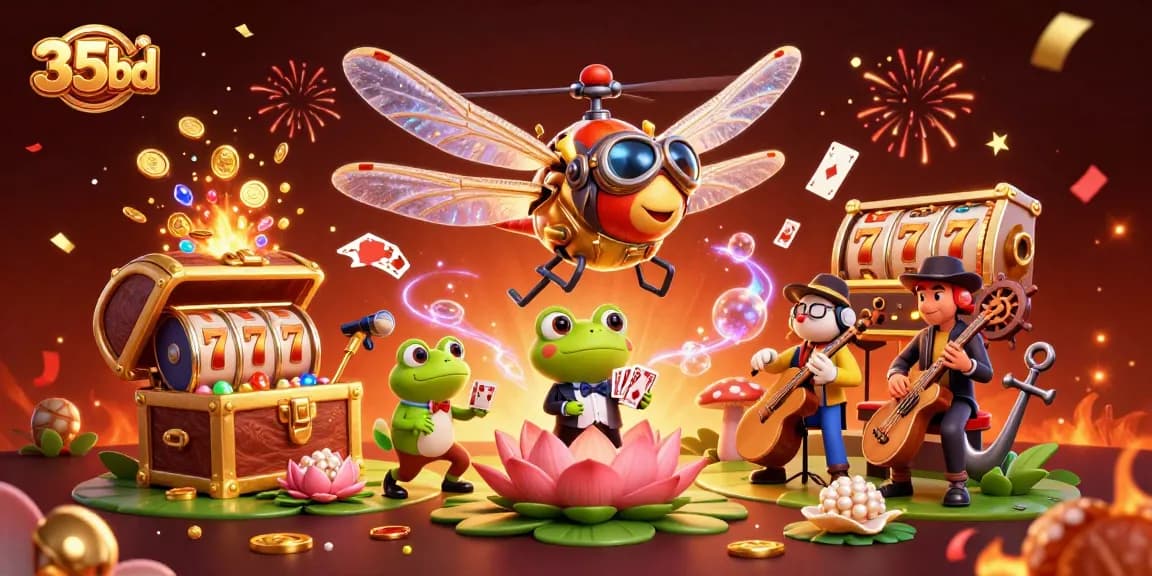 Experience thrilling gameplay at 35bd with a lively casino scene featuring a frog croupier and dynamic characters.