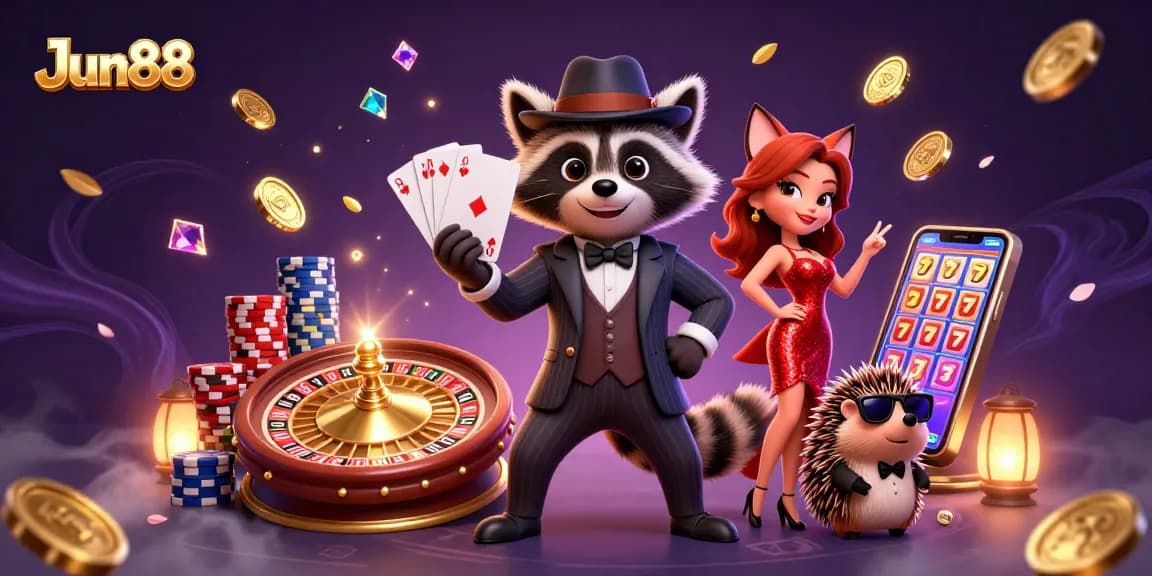 Experience excitement at Jun88 with vibrant characters, games, and winning moments in a casino scene.
