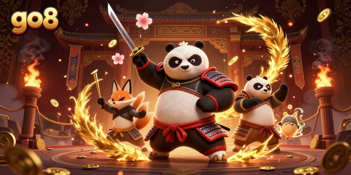 Engage in thrilling games at go8, featuring a samurai panda and animated characters in a vibrant casino setting.