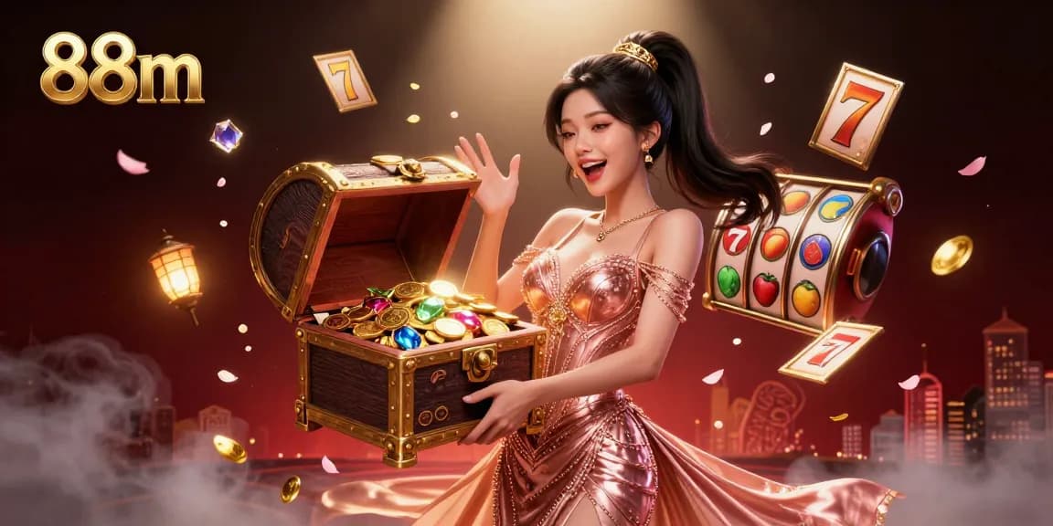 Engage with 88m casino adventures in a vibrant 3D treasure scene filled with golden coins and winning symbols.