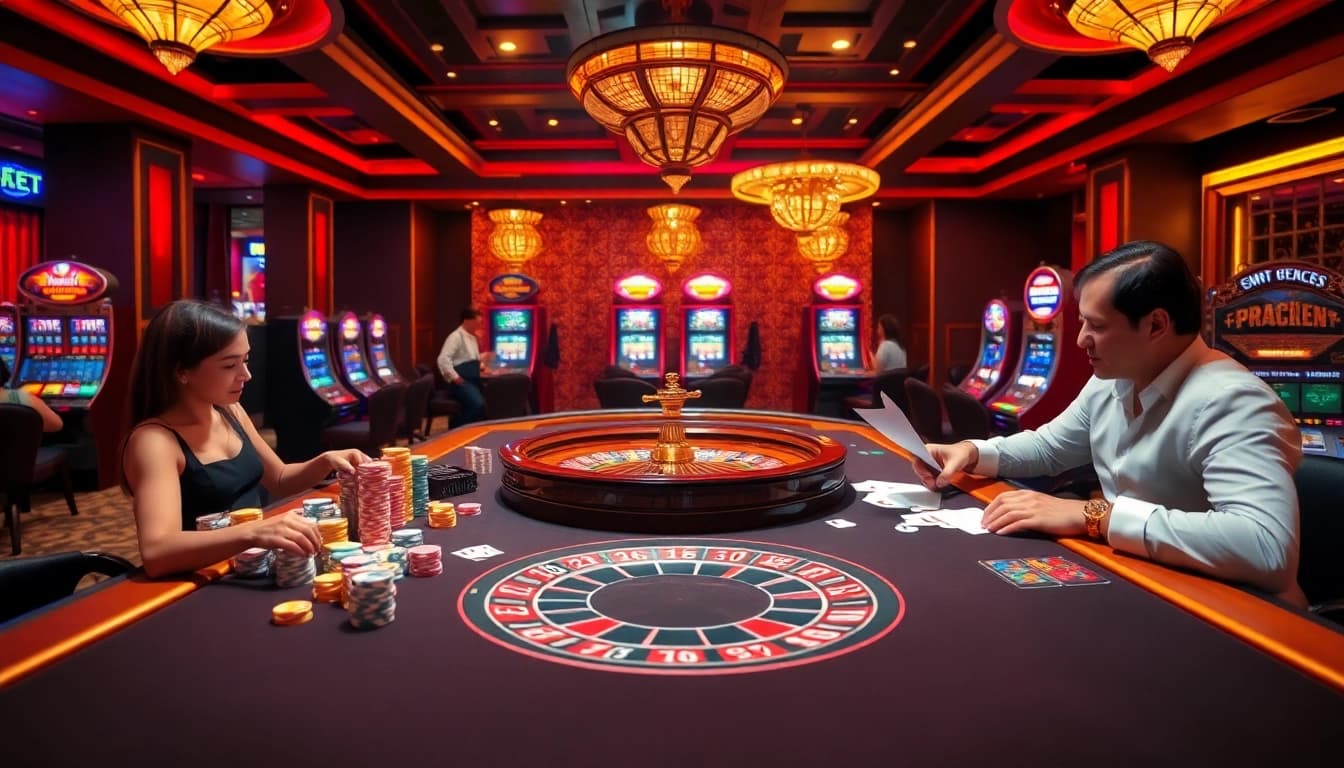 Players enjoying high-stakes games at SHBET casino, showcasing vibrant table action and slot machines.