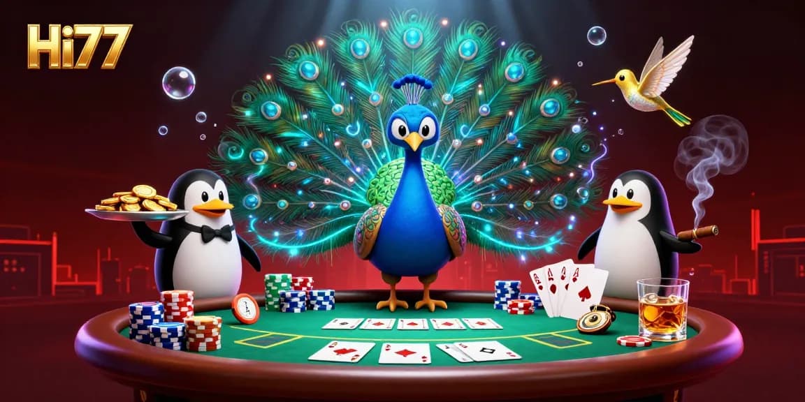 Experience the exciting Hi77 gaming atmosphere with a playful peacock and penguin serving golden chips.
