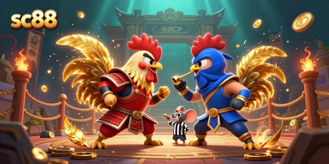 Watch sc88 fighting roosters clash in an exciting gambling showdown, amidst golden feathers and coins.
