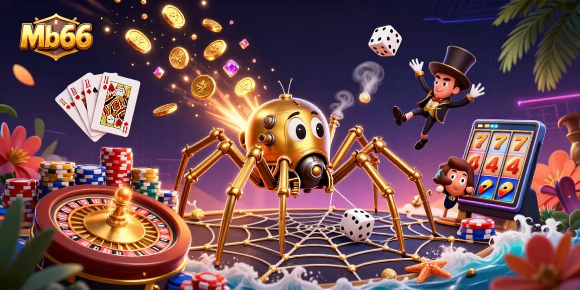 Mb66 casino players engaging with golden spider web and dynamic gaming elements amid casino excitement