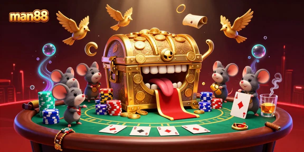Engage with man88 at vibrant poker tables surrounded by gold coins and treasure!