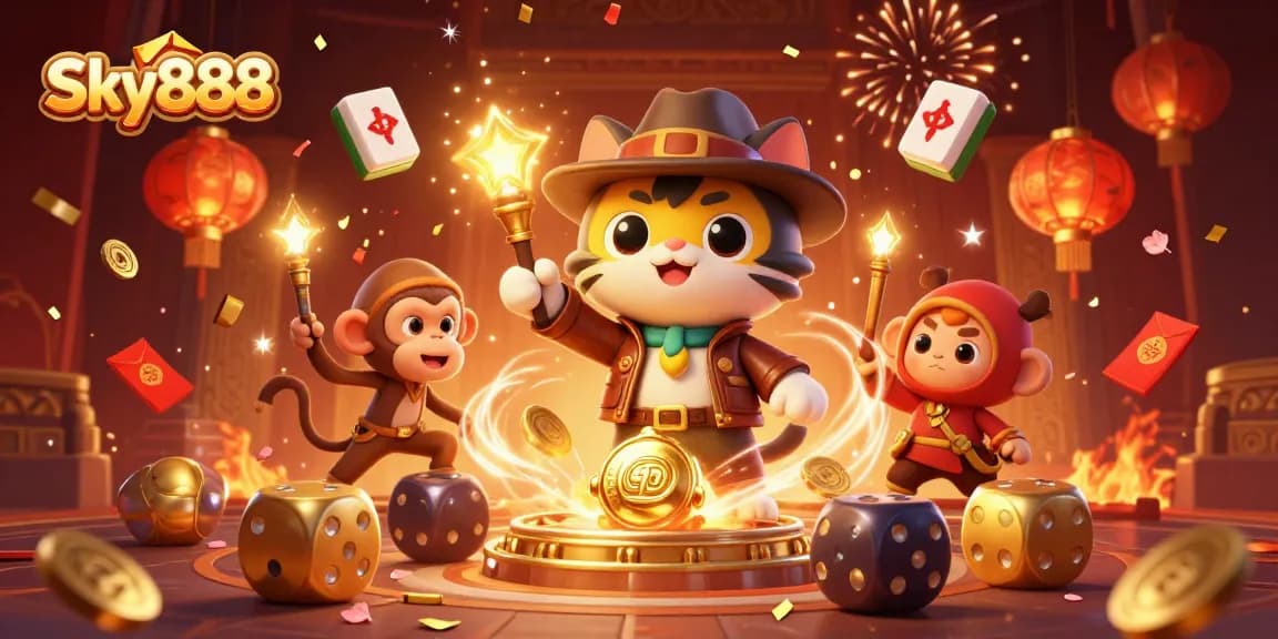 Engage in thrilling adventures with Sky888 as the cat archaeologist discovers treasures amidst vibrant casino elements.