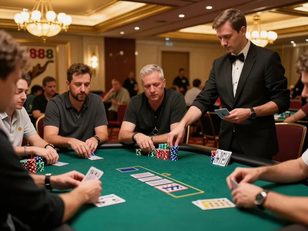 Engaging poker scene at U888 casino with players strategizing their bets.