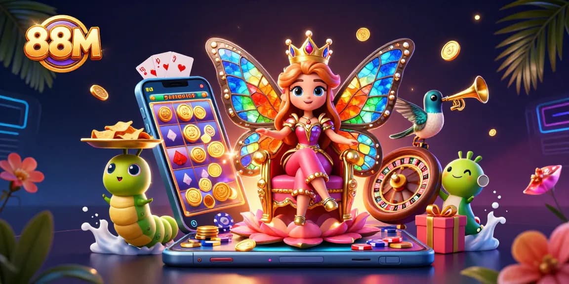 Experience the excitement of 88M with a vibrant illustration of a butterfly queen and casino elements surrounding her.
