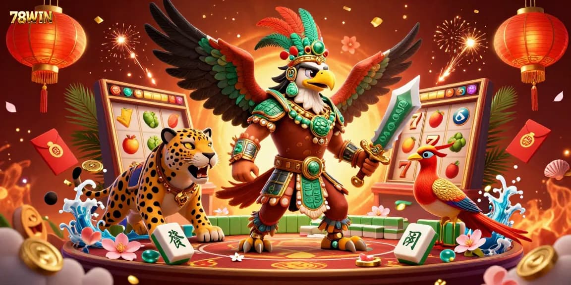 The Aztec warrior eagle enhances 78WIN's vibrant casino atmosphere, surrounded by slot machines and gold coins.