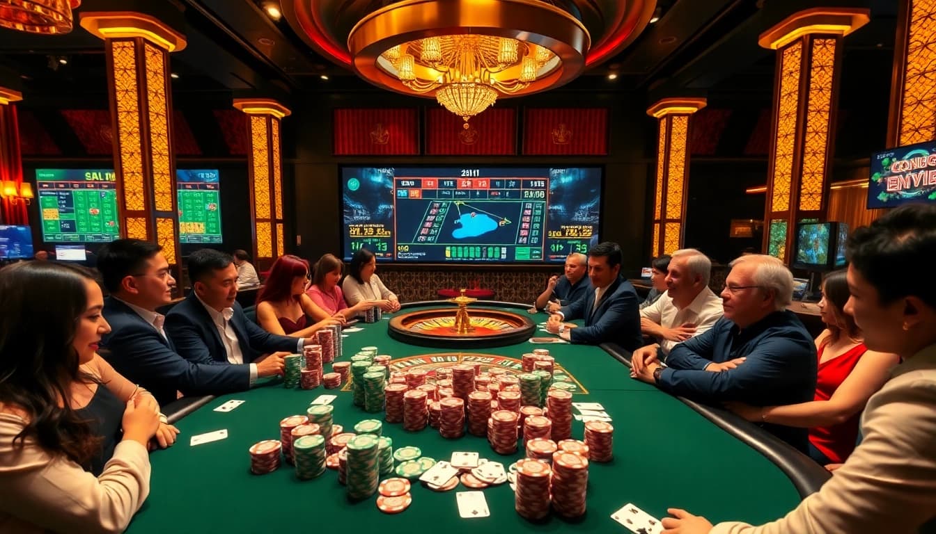 bongdanet engages excited players at a luxurious poker table with colorful chips and dynamic odds.