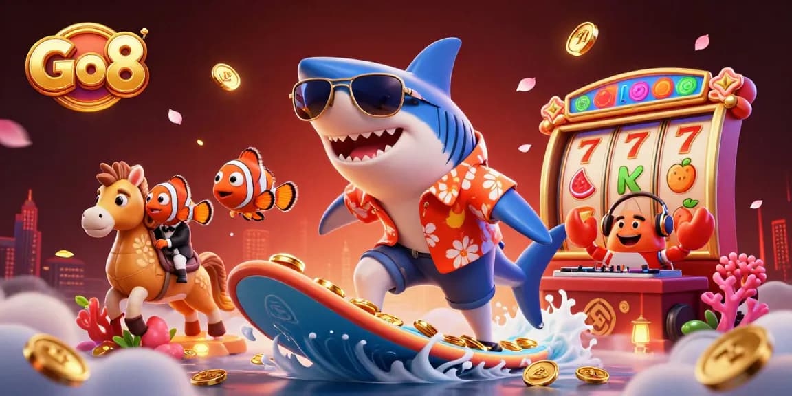 Go8 offers vibrant slot rewards with a shark surfing on gold coins and a clownfish companion.