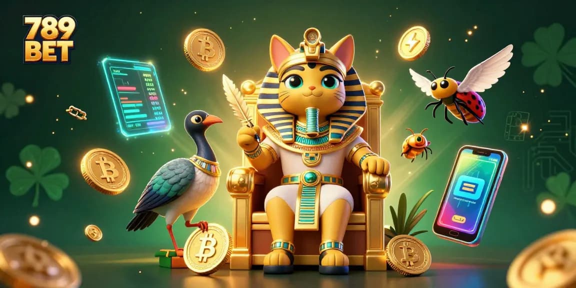 Play thrilling games with 789 BET in this vibrant 3D casino illustration showcasing Egyptian-themed characters and cryptocurrency elements.