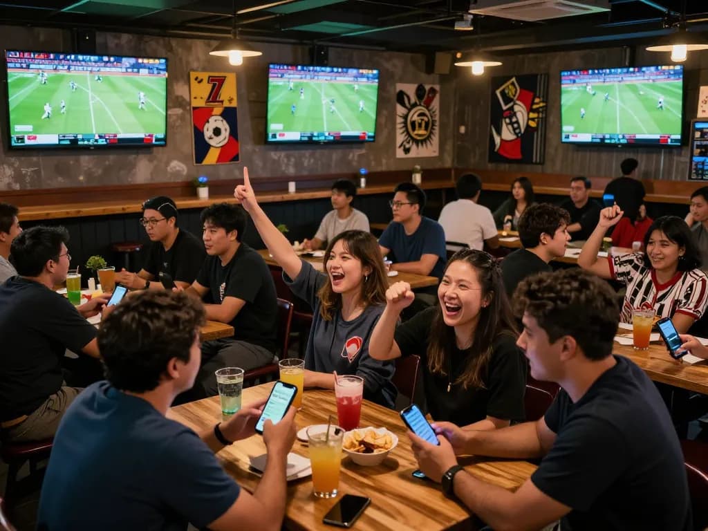 Exciting sports betting atmosphere at hytw3339 sports bar, patrons placing bets while watching live games.