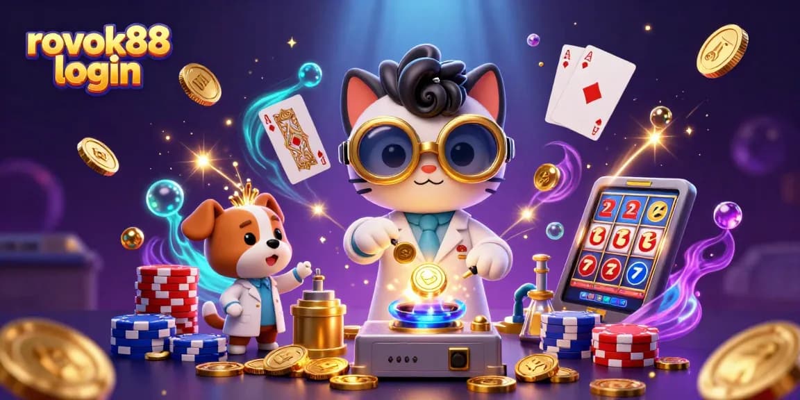 Experience the excitement of rokok88 login with golden coins and animated slots in a vibrant casino scene.
