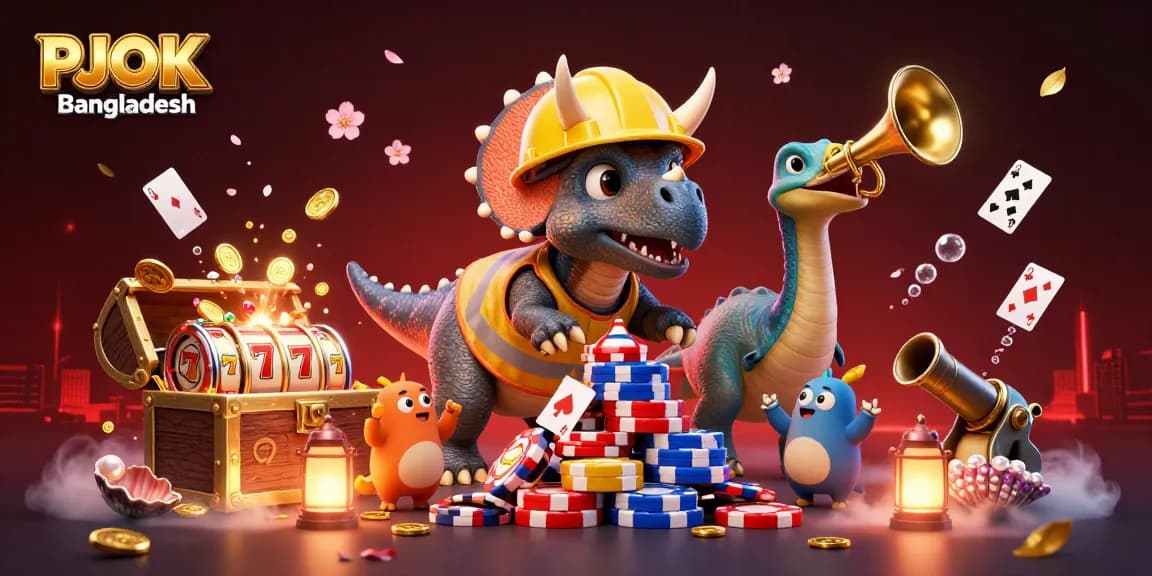 PJOK Bangladesh offers thrilling gaming with vibrant characters surrounded by slots, poker chips, and casino elements.