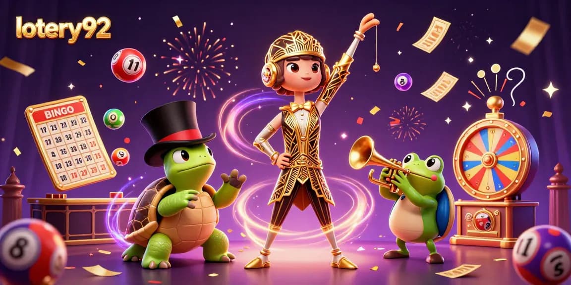 Engage with lotery92 in a vibrant 3D illustration filled with lottery excitement and colorful elements.