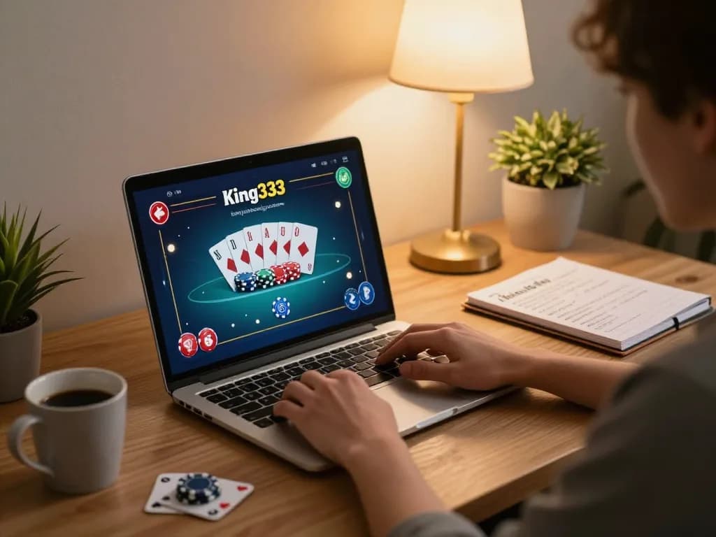 Engaged player using king333 platform for online poker gaming, showcasing strategy notes and gaming interface.