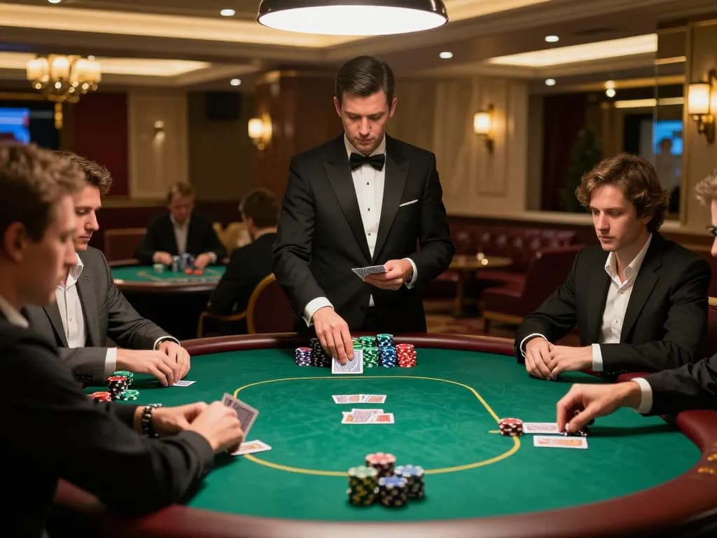 Go8 players strategizing during an intense poker game at a luxury casino.
