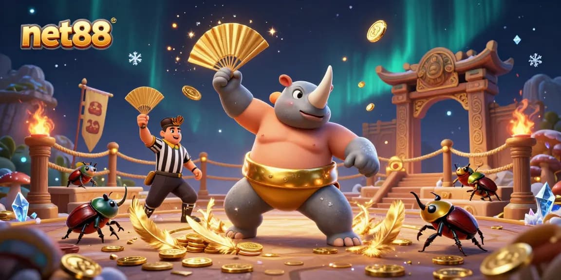 Witness the net88 sumo beetle champion stomping in an energetic casino scene, coins fly everywhere.