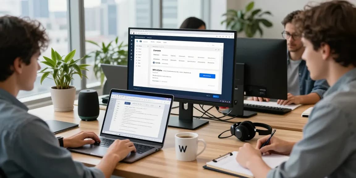 Workspace featuring WPS Official Website applications on laptop, modern office environment.