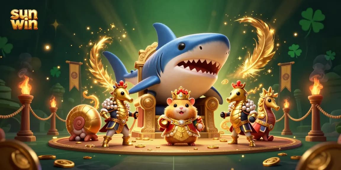Experience the thrill of sun win with a vivid 3D scene of a golden hamster king and royal guards in a casino setting.