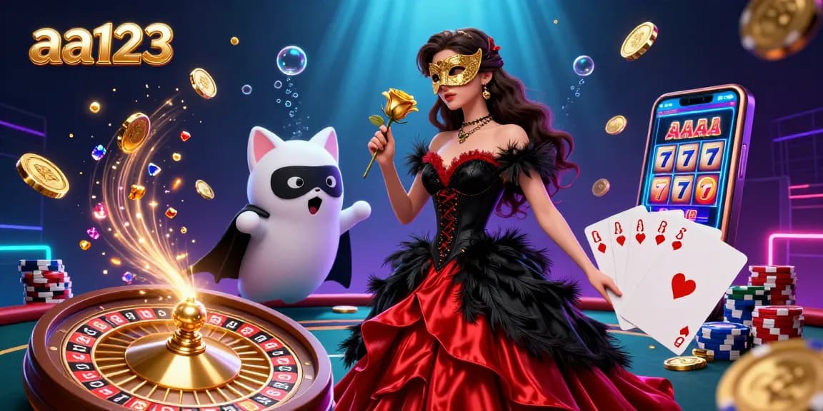 Gire e ganhe no aa123 com elementos de cassino vibrantes, exibindo moedas douradas, cartas e emoção.