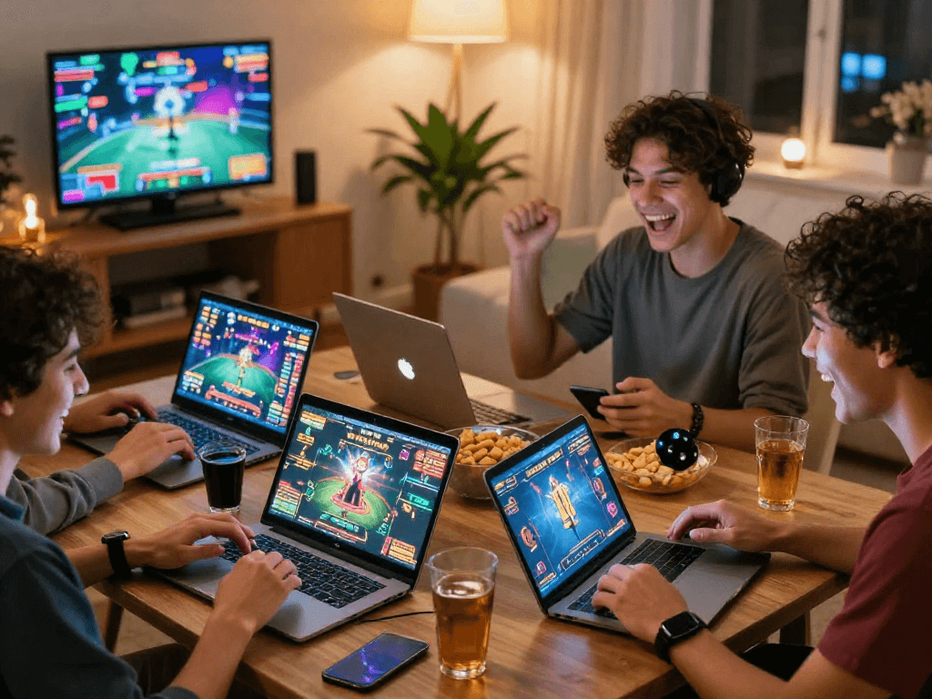 Jogadores se divertindo com jogos da SPBET em casa, transmitindo emoção e diversão.
