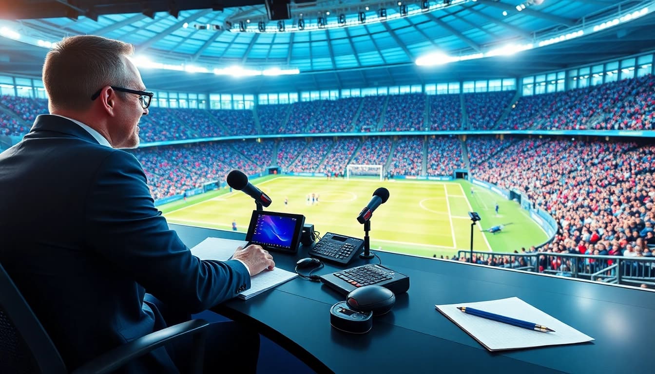 Engaging sports broadcasting scene showcasing a commentator, vibrant atmosphere, and high-tech setup.