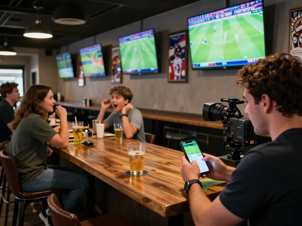 Patrons enjoying the trang chủ uu88 while actively betting on live sports matches in an upscale sports bar environment