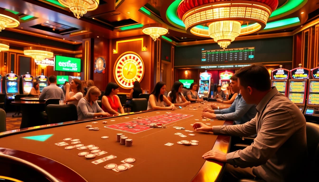 A dynamic gambling scene with ALO789 poker tables and vibrant roulette wheel.