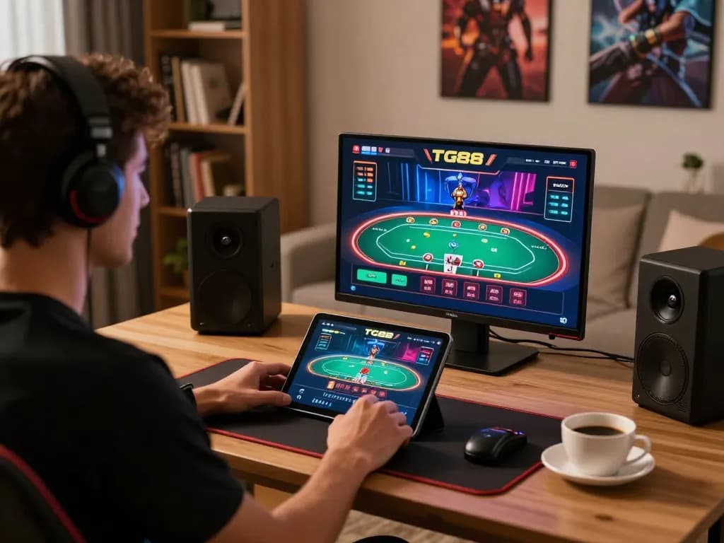 Play blackjack at TG88 online casino on tablet in a cozy home setup
