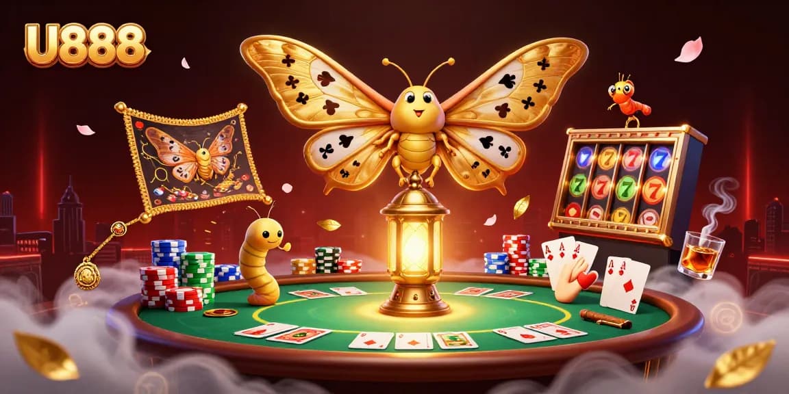 Engage with U888's dynamic casino atmosphere through vibrant golden moth characters amid spinning slot reels.