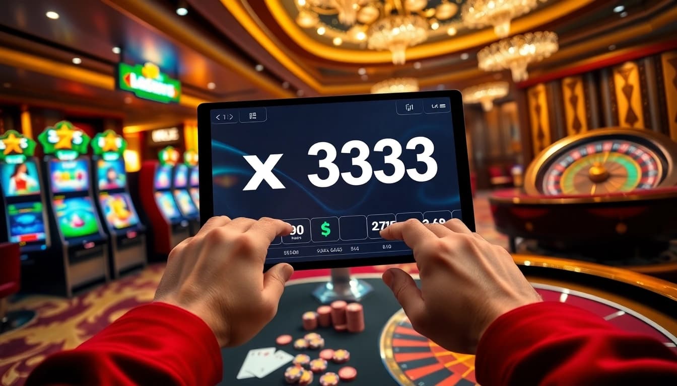 Gambler interacting with x 333 casino platform featuring digital slots and poker chips in vibrant casino setting
