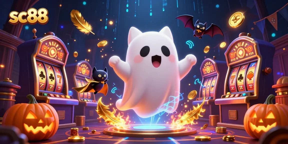 Experience the thrills at SC88 casino with a ghost cat and vampire bat among glowing jack-o-lanterns.