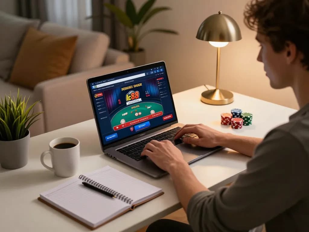 Engaged player enjoying lc 88 online casino gameplay at a stylish home desk with poker notes.