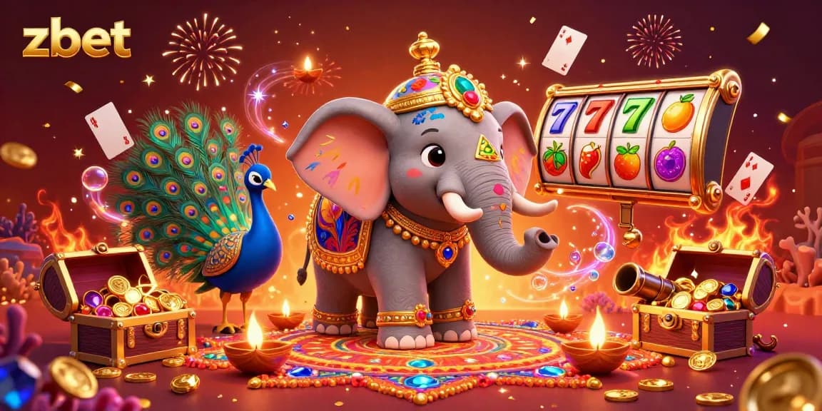 The zbet engaged players in a colorful casino landscape with elephants, slot reels, and vibrant gems.