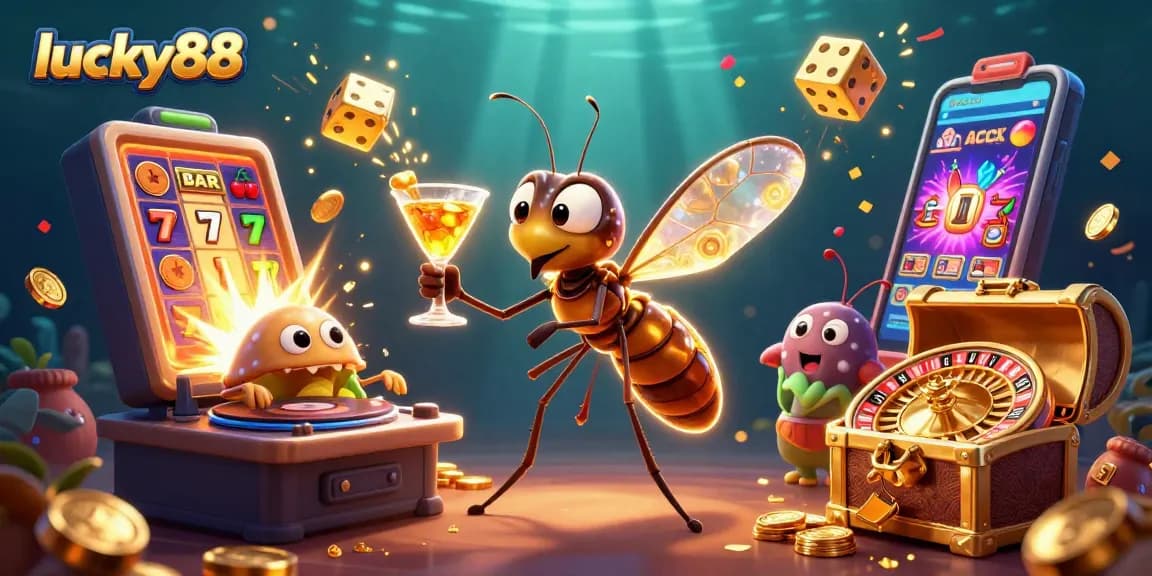 Experience lucky88 excitement with a vibrant casino scene capturing charming characters and thrilling symbols.