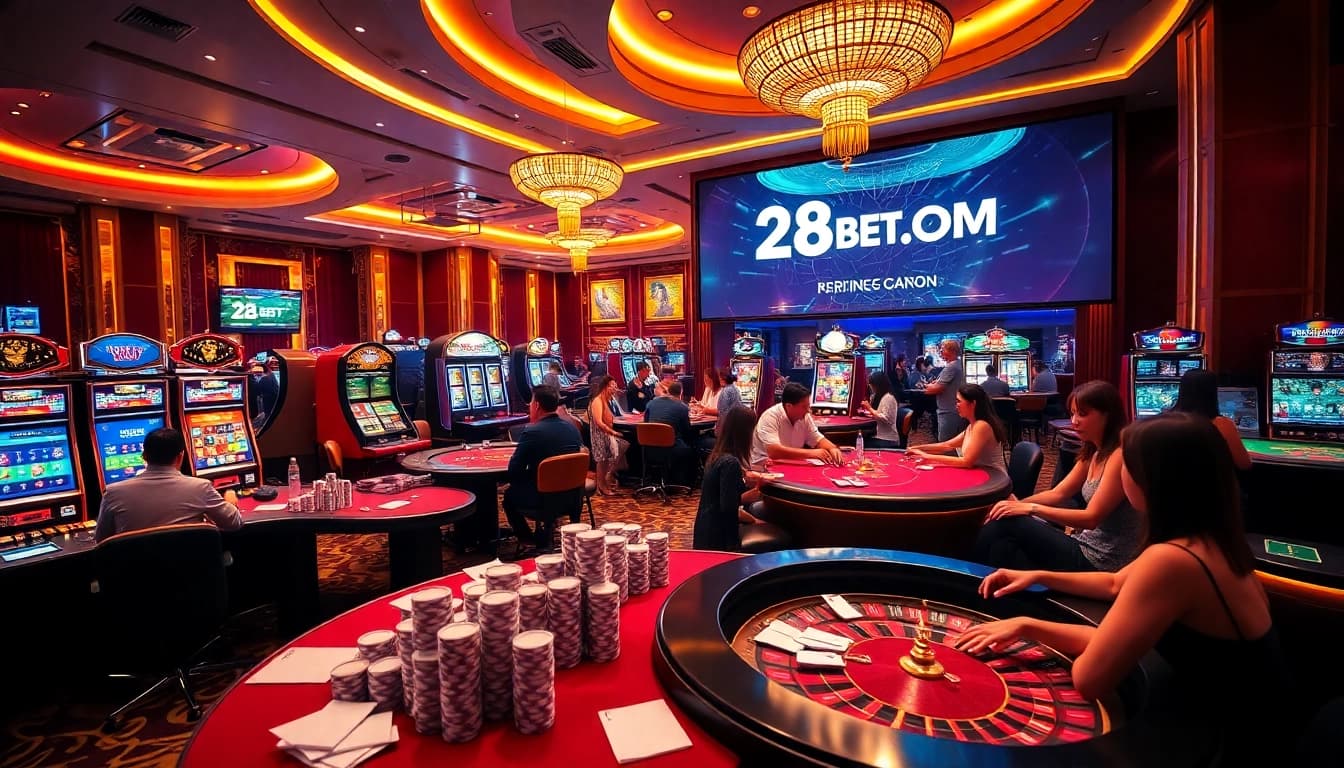 Exciting casino gameplay showcasing 28BET COM with poker, roulette, and vibrant slot machines.