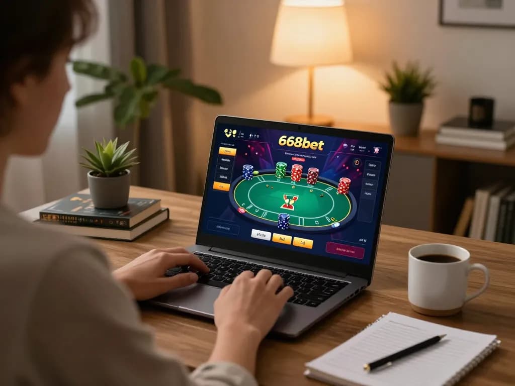 Jogador interagindo com o poker 668bet em um laptop em um ambiente aconchegante, destacando estratégia e emoção.