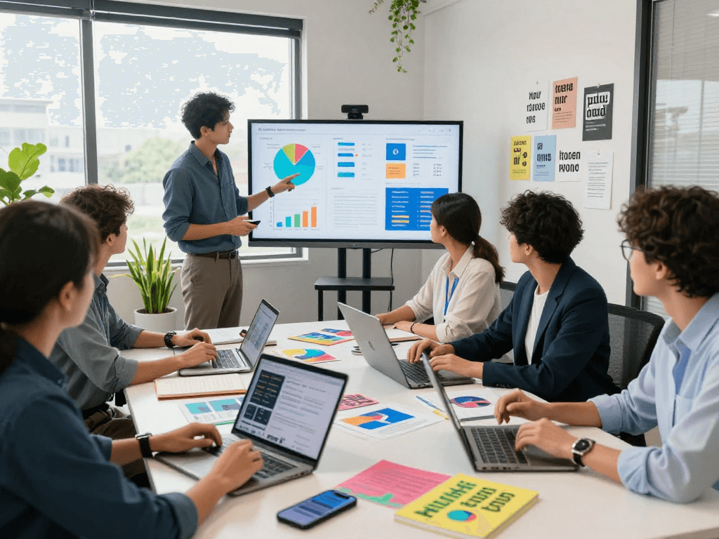 Equipe colaborando em estratégias de marketing multicanais com laptops e gráficos.