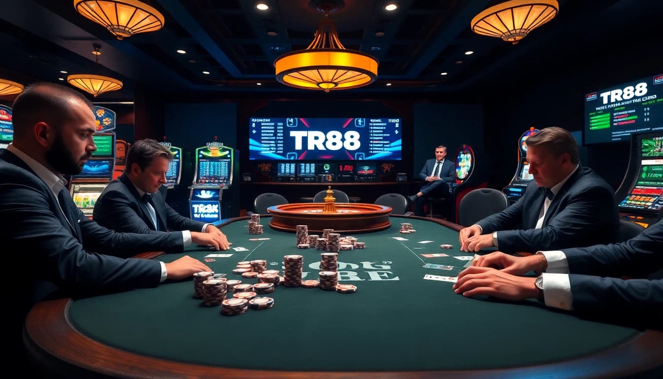 Play poker at TR88 casino with professional gamers and vibrant machines in the background.
