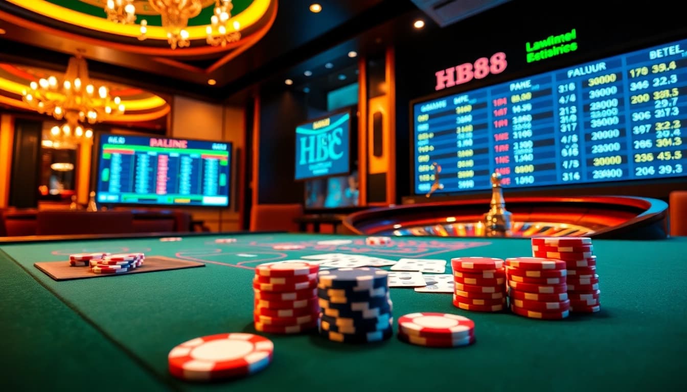 Experience the thrilling gameplay at HB88 with vibrant casino tables and poker chips.
